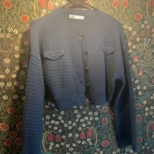 Zara size small cropped blue cardigan with brass buttons